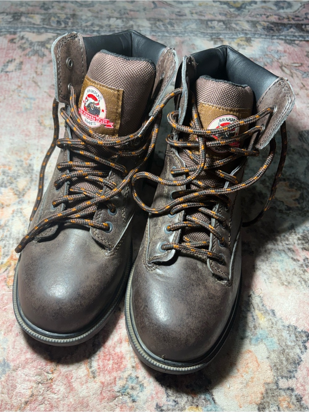 Brahma Men's Dark Brown Work Boots with Orange-Accent Laces